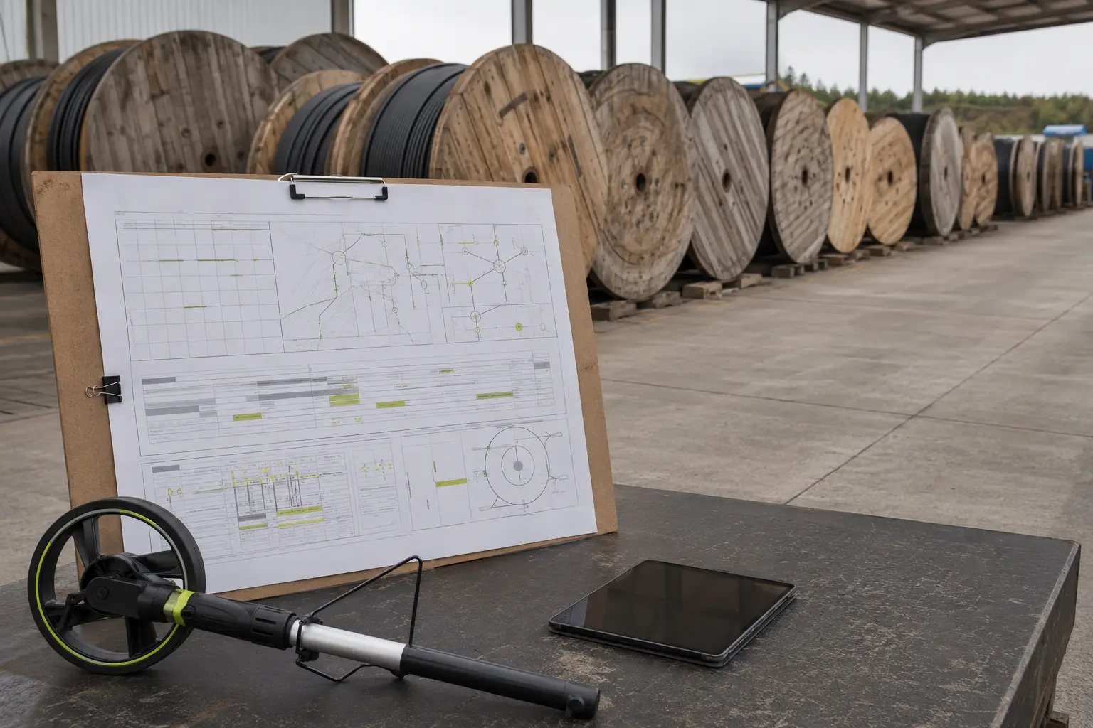 Cable drums arranged for a planned project release beside scheduling information
