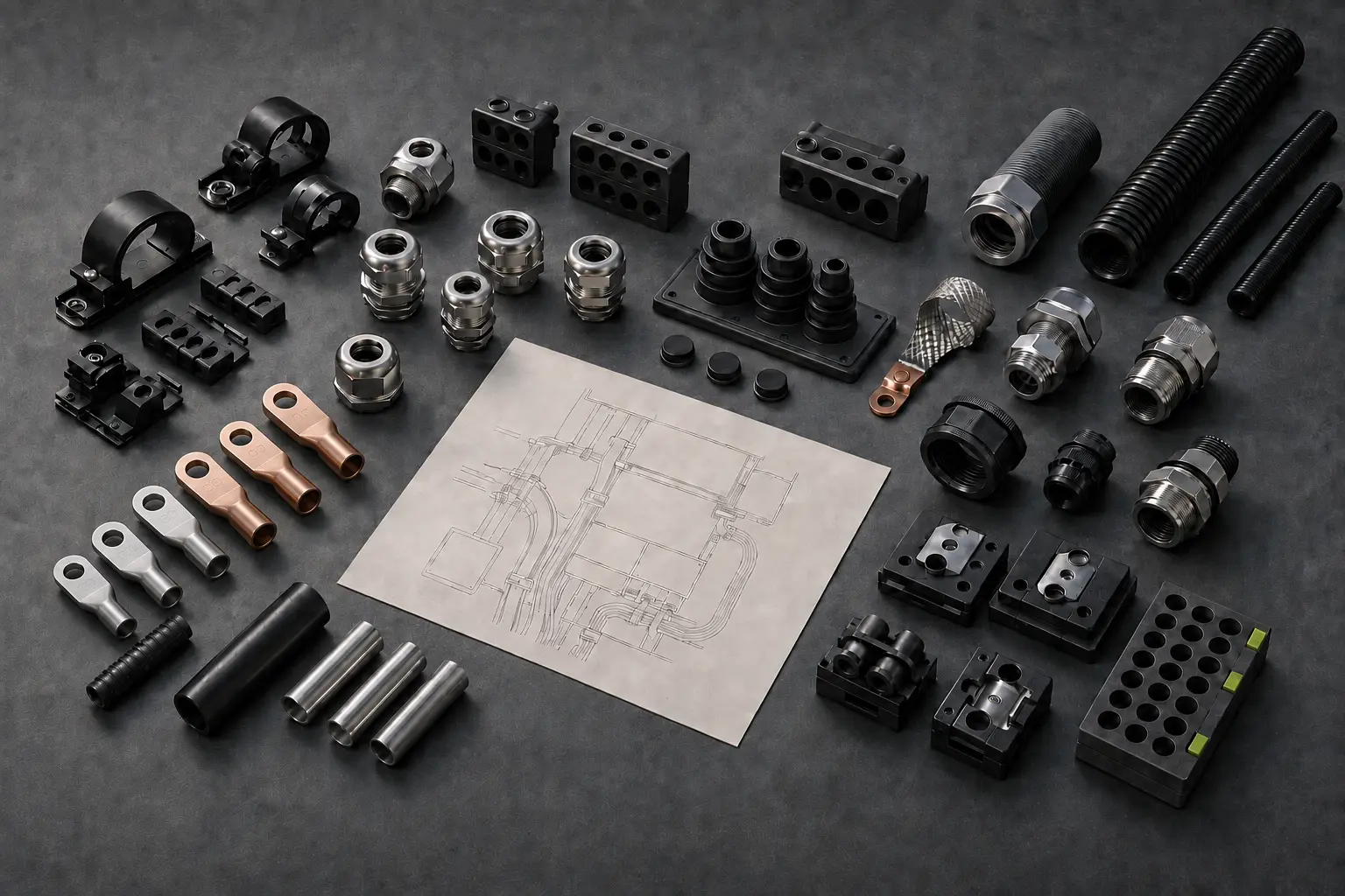 Cable cleats, glands, lugs and connectors arranged as a coordinated project package