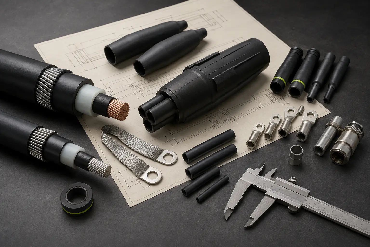 Cable cross-sections, jointing systems and termination components arranged with technical drawings