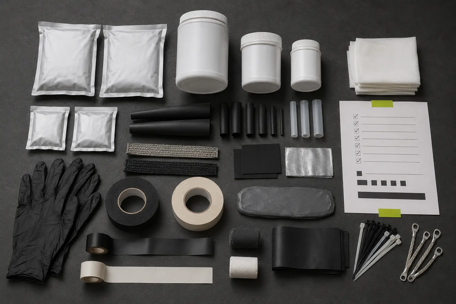 Resins, shrink systems, tapes and preparation consumables arranged as a complete package