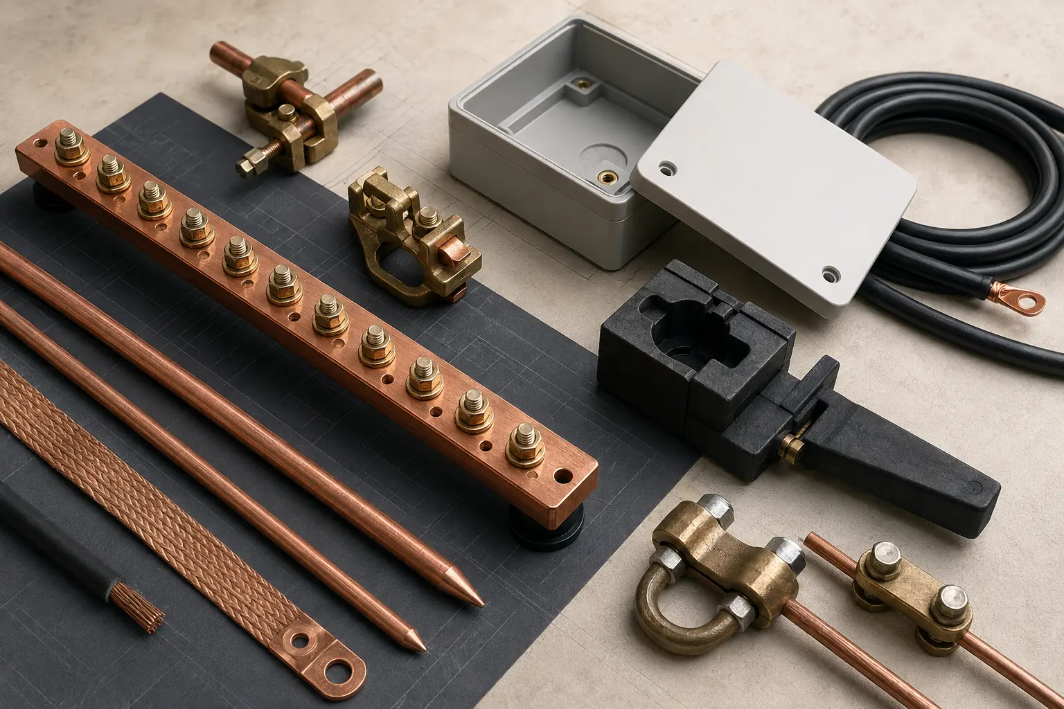 Earthing, bonding and protection components organised beside a project plan