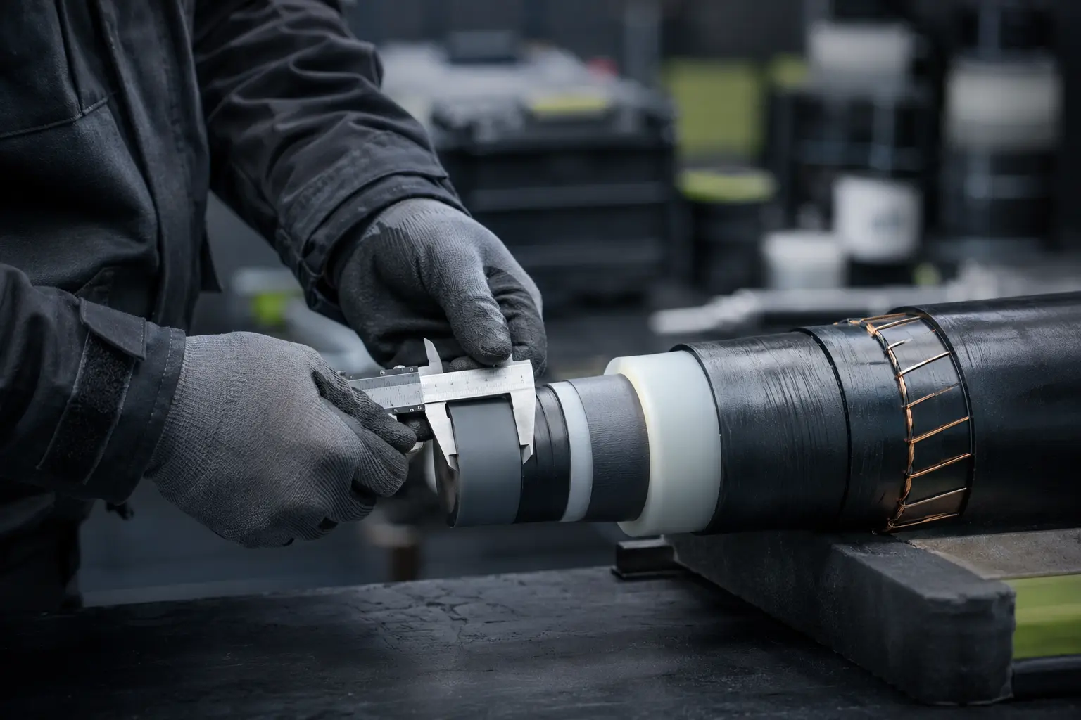 A cable specialist measuring a prepared power cable during a technical check