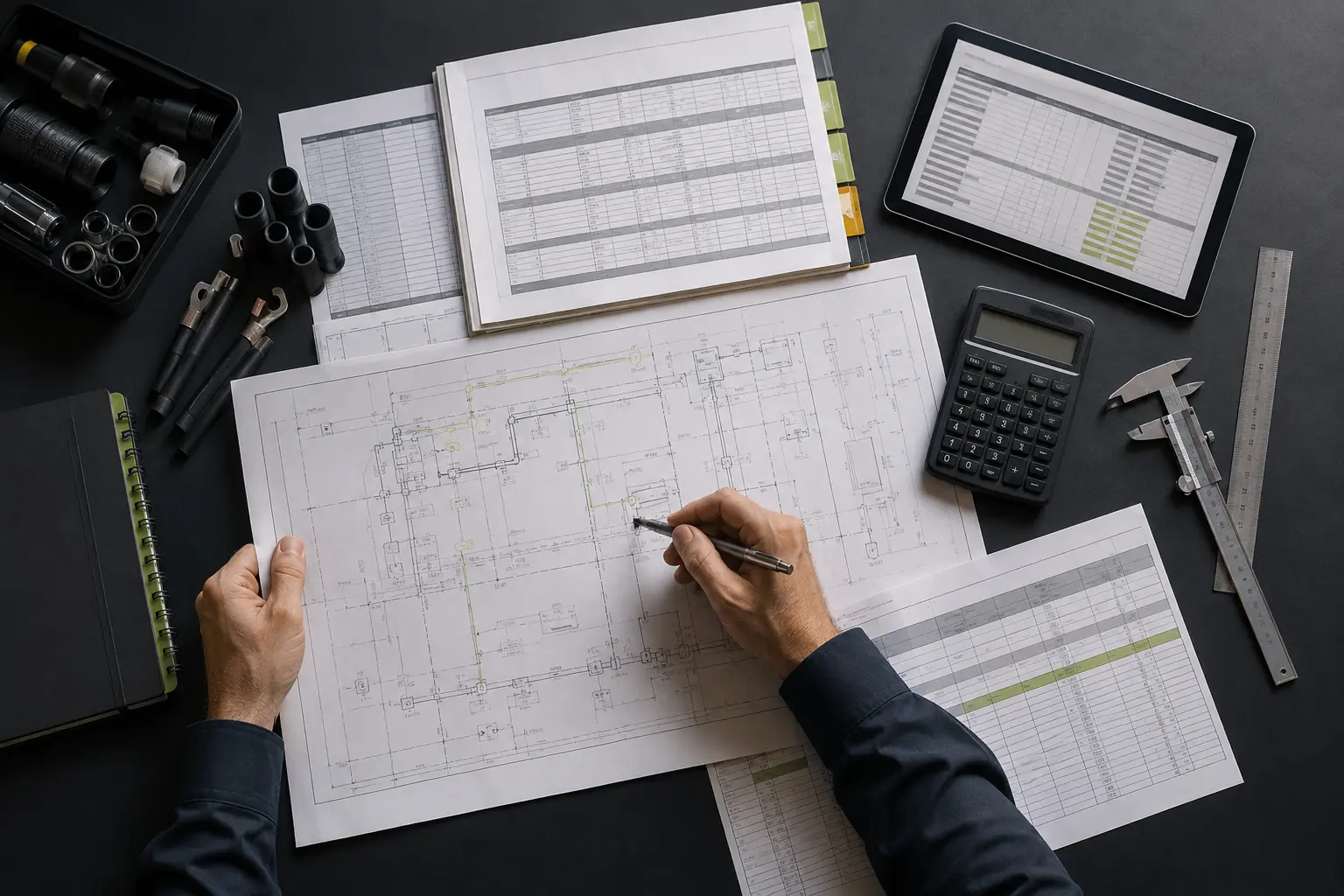 A technical procurement specialist reviewing an engineering drawing and material schedule