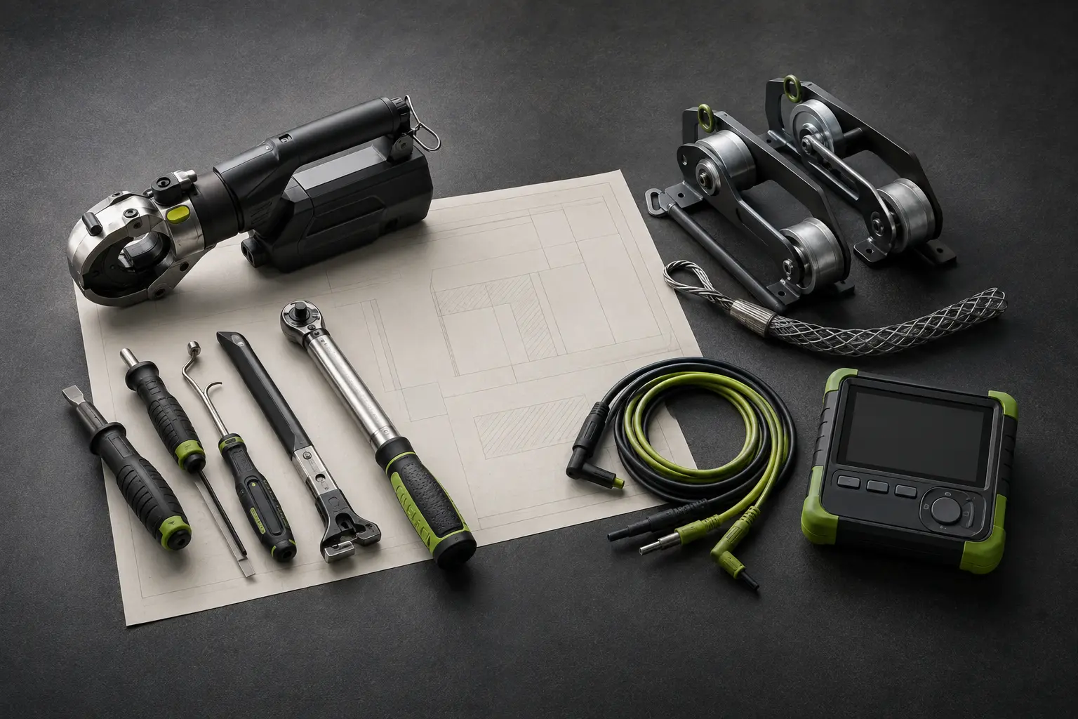 Cable preparation, crimping and electrical test equipment laid out for project planning